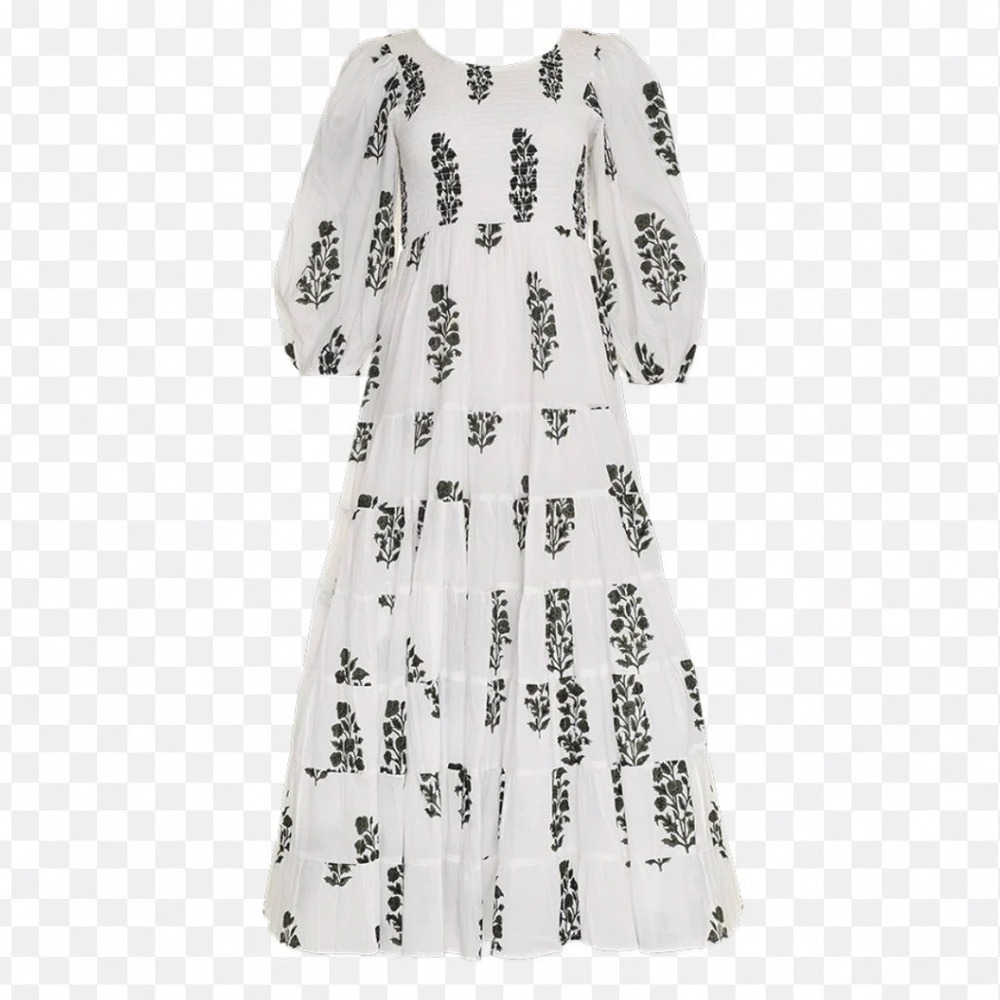 SZ Blockprints Yuva Maxi Dress White Black Floral Smocked Puff Sleeve Small NWT